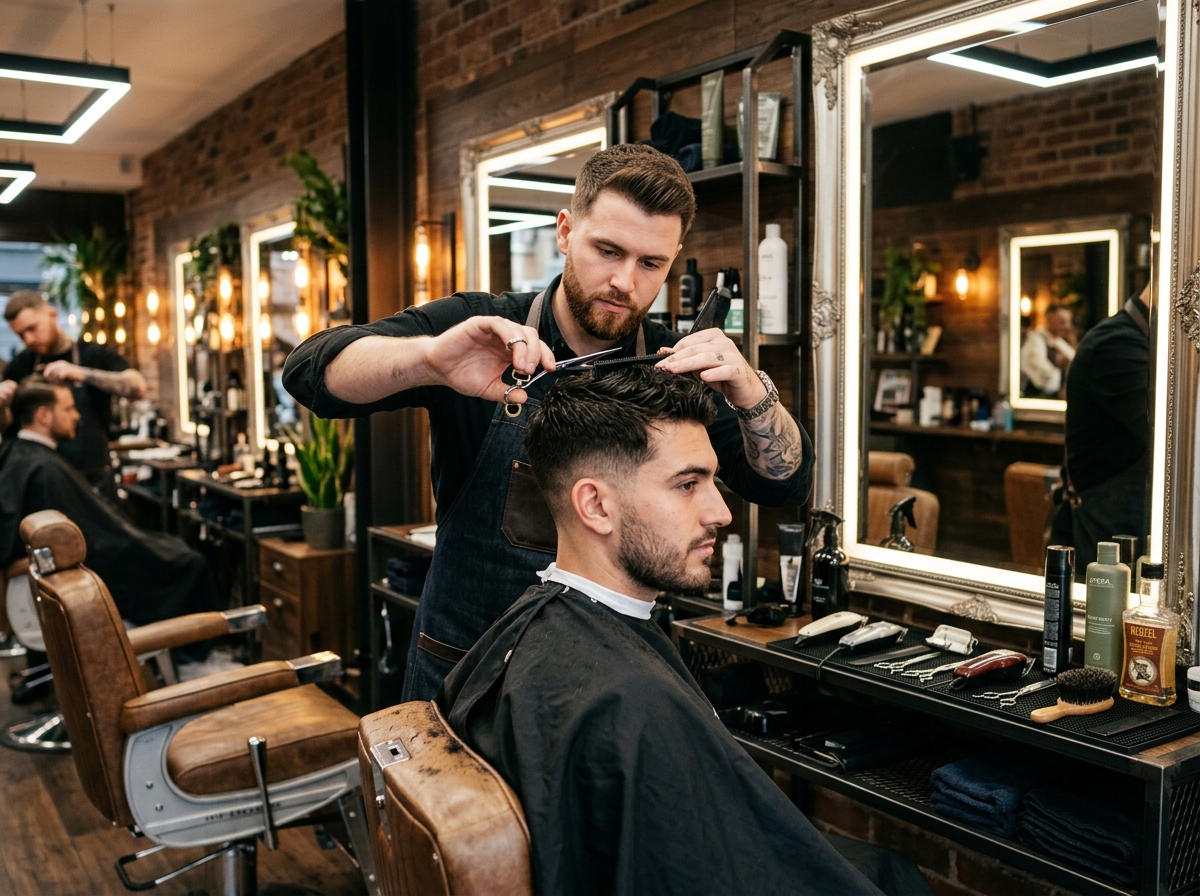 Professional barber performing a sharp precision haircut on a male client.