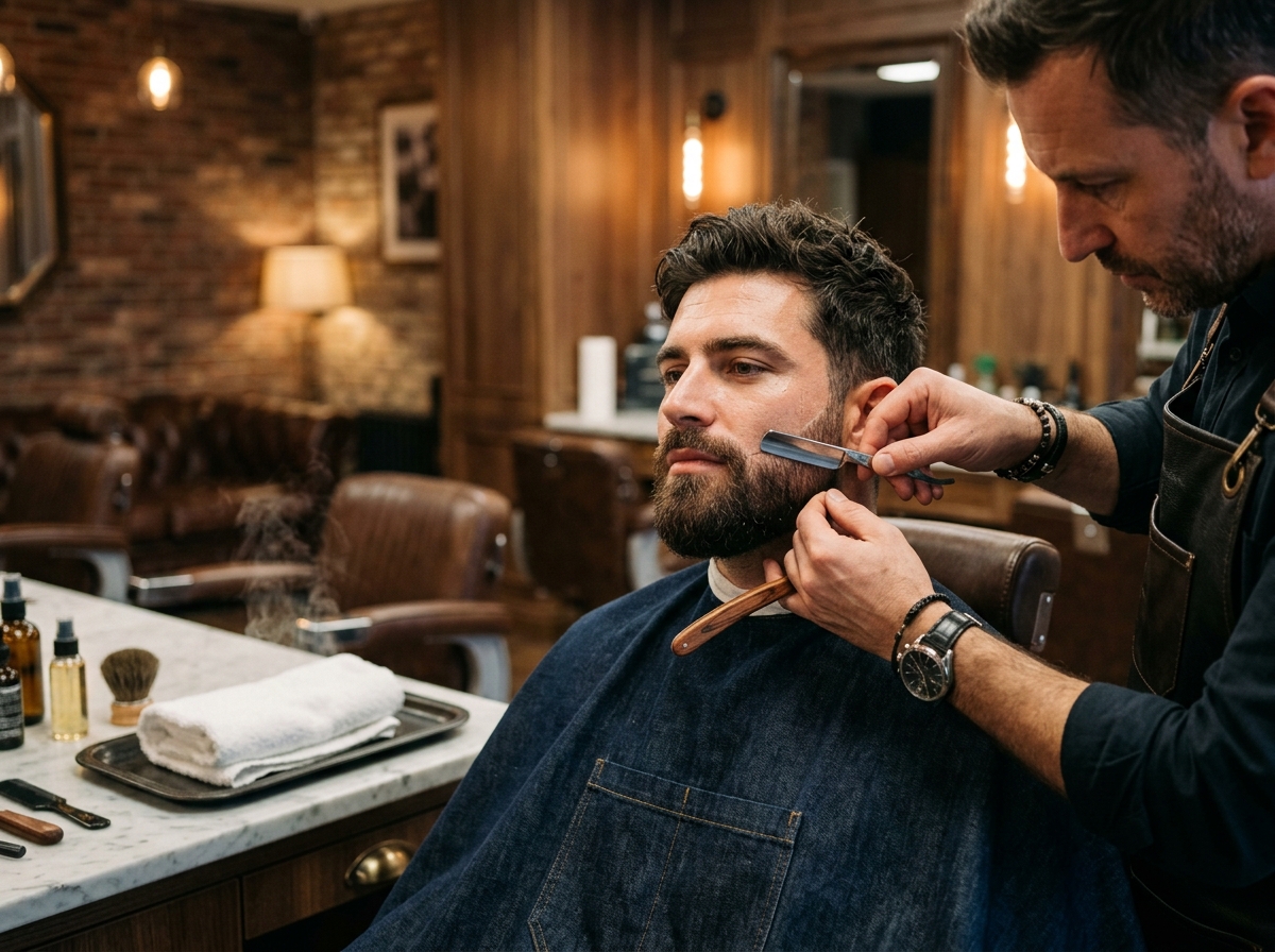 Barber performing precision beard grooming, contour shaping, and razor edging.