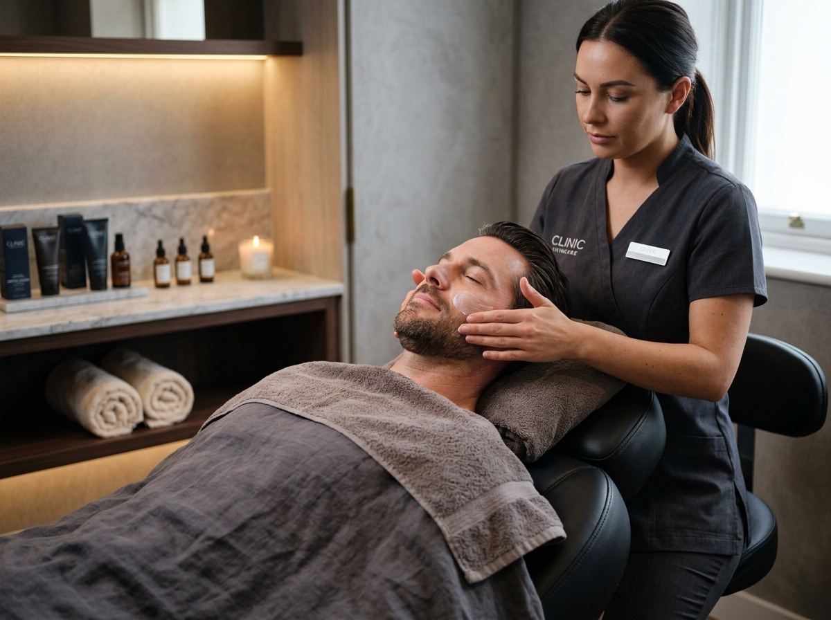 Gentleman receiving a rejuvenating skincare facial treatment in a tranquil salon setting.